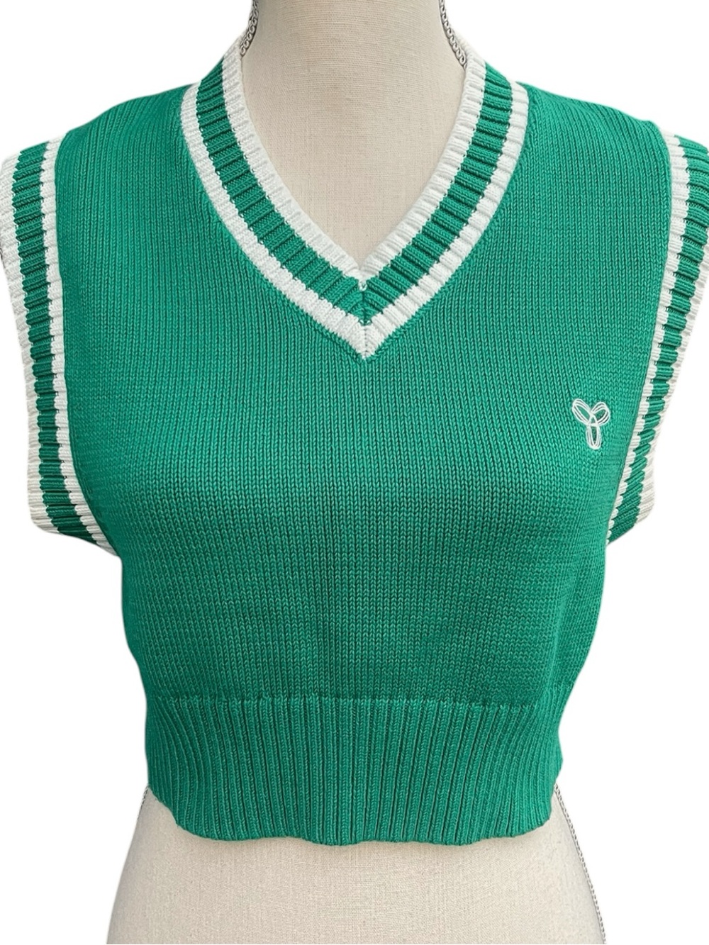 TNA The Marcy Green/White Cotton Trim V-Neck Relaxed Fit Knit Sweater Vest (2XS)